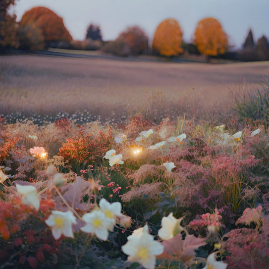 lush lit up field of autumn blooms on a starry evening